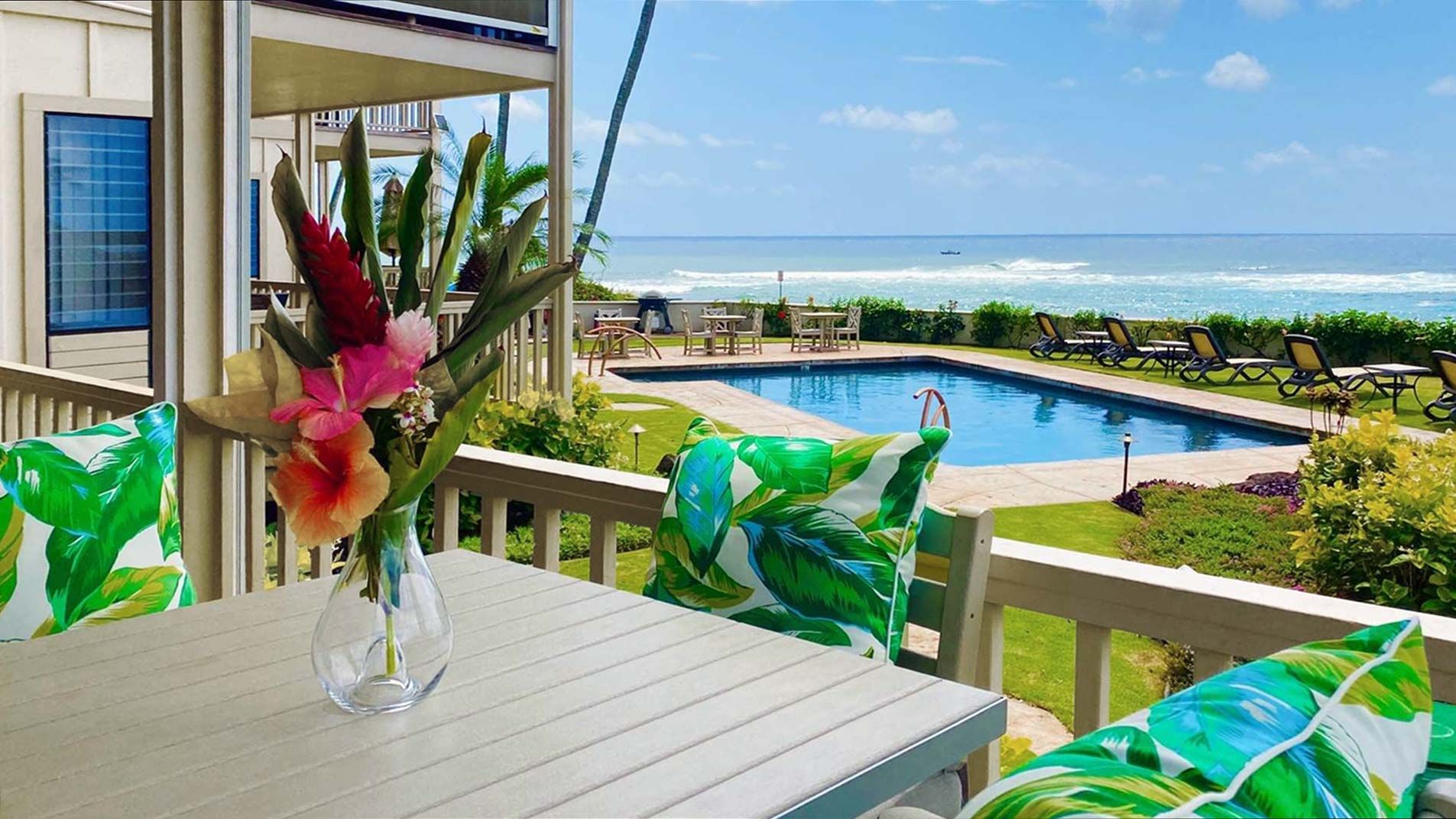 Alihi Lani unit 1 vacation condo rental oceanfront view with pool in sunny Poipu, Kauai