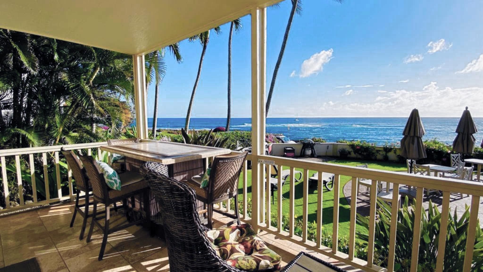 Alihi Lani unit 3 vacation condo rental oceanfront view with pool in sunny Poipu, Kauai