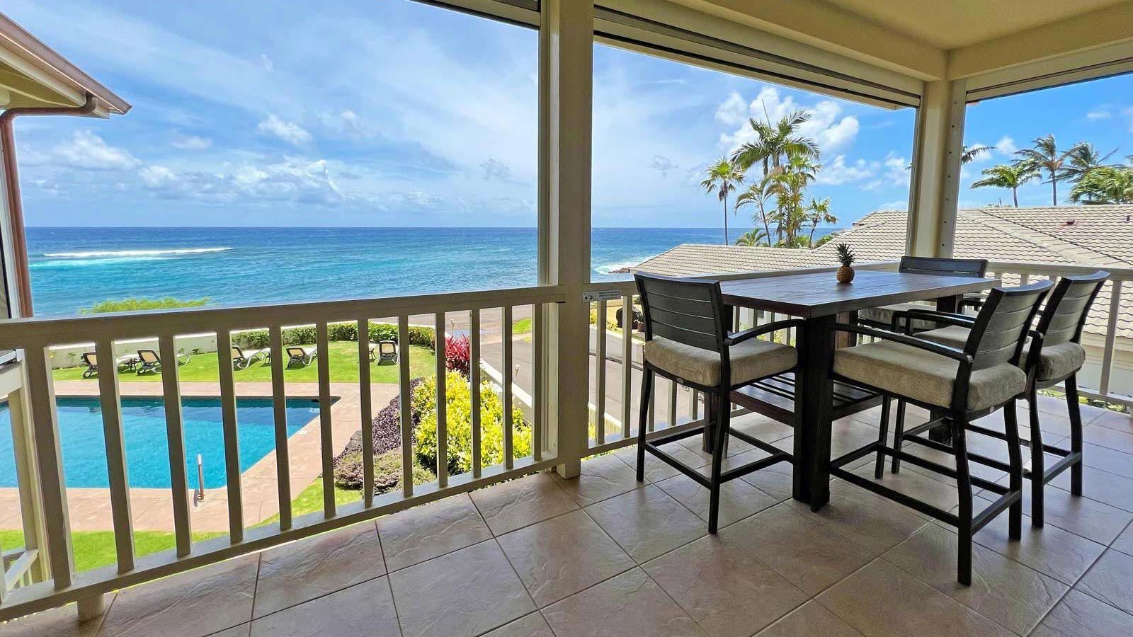 Alihi Lani unit 4 vacation condo rental oceanfront view with pool in sunny Poipu, Kauai