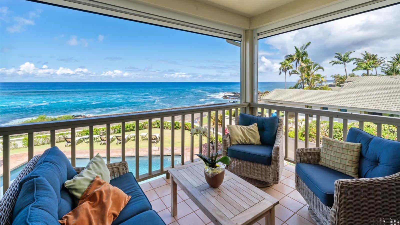 Alihi Lani unit 5 vacation condo rental oceanfront view with pool in sunny Poipu, Kauai