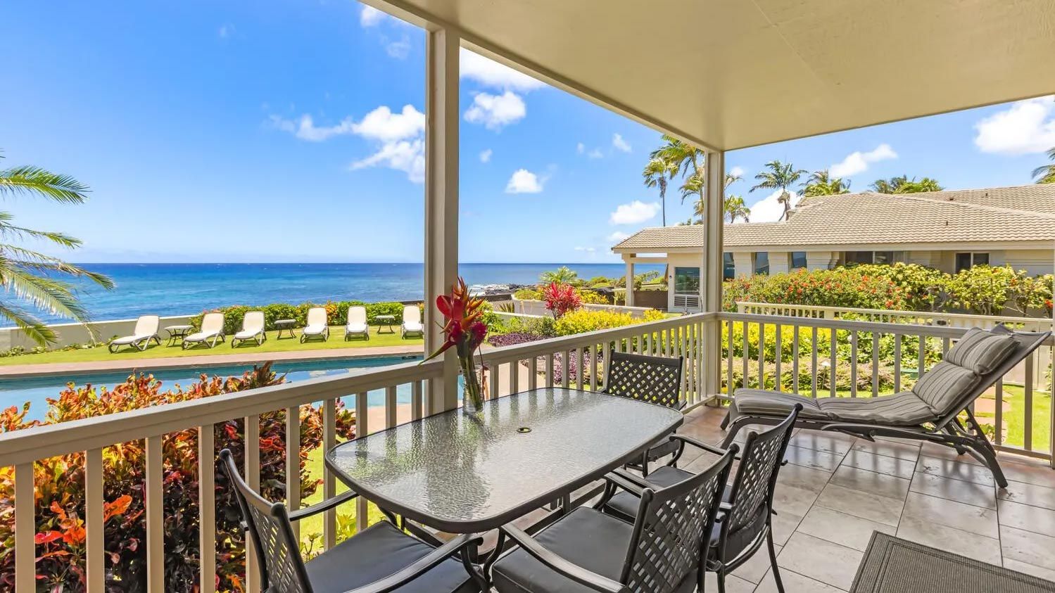Alihi Lani unit 2 vacation condo rental oceanfront view with pool in sunny Poipu, Kauai