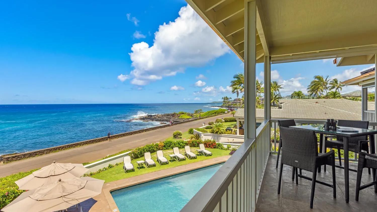 Alihi Lani unit 6 vacation condo rental oceanfront view with pool in sunny Poipu, Kauai